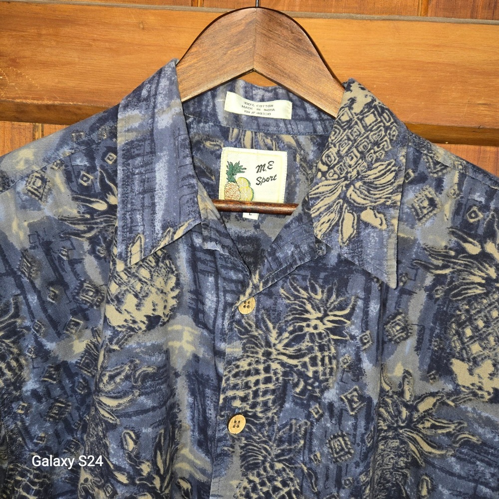 ME Sport Men's Blue Pineapple Print Short Sleeve Button Up Shirt Size L‎